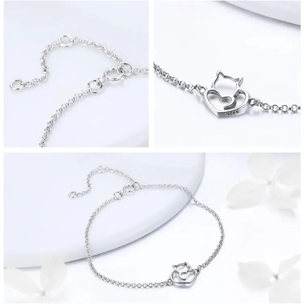 925 Sterling Silver Cat & Heart Link Chain Bracelets | Authentic jewellery Gift in 3 Colors