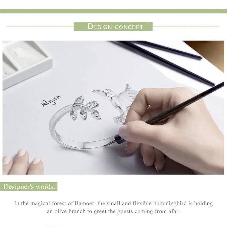 Springtime Elegance: Sterling Silver Tree Leaves & Bird Open Ring - Rings
