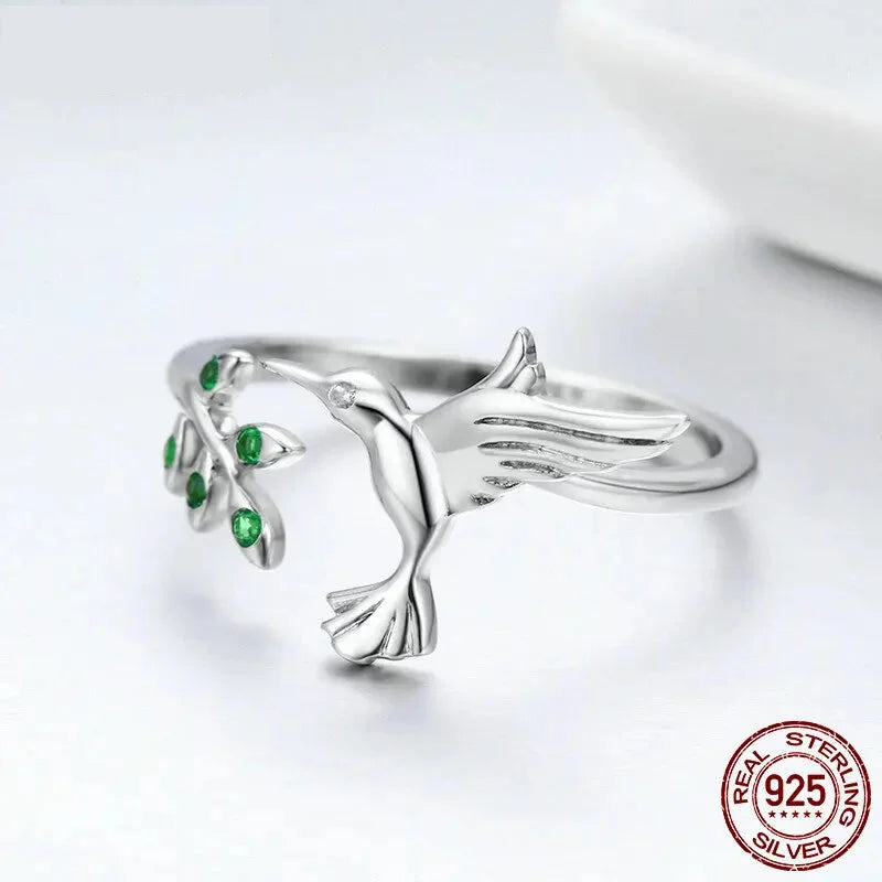 Springtime Elegance: Sterling Silver Tree Leaves & Bird Open Ring - Rings