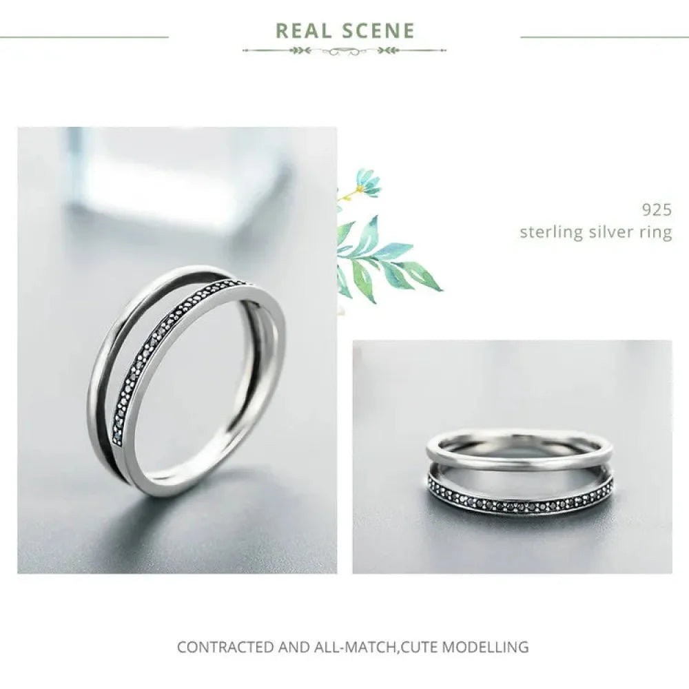 Breathtaking 925 Sterling Silver Double Circle Black Clear CZ Stackable Ring - Rings