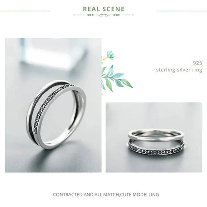 Breathtaking 925 Sterling Silver Double Circle Black Clear CZ Stackable Ring - Rings