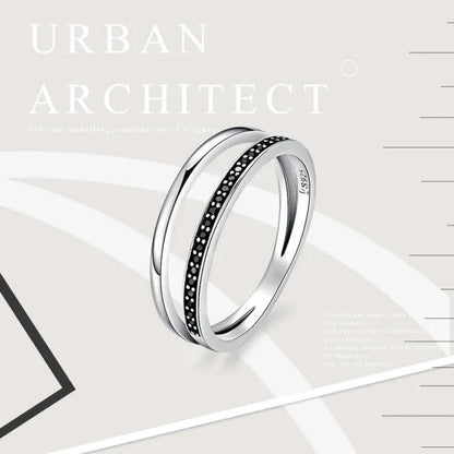 Breathtaking 925 Sterling Silver Double Circle Black Clear CZ Stackable Ring - Rings