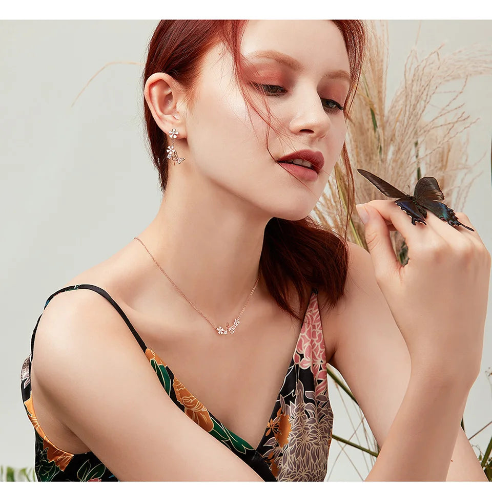 Delicate Beauty: Korean Style 925 Sterling Silver Butterfly and Flower Choker Necklace - Necklaces