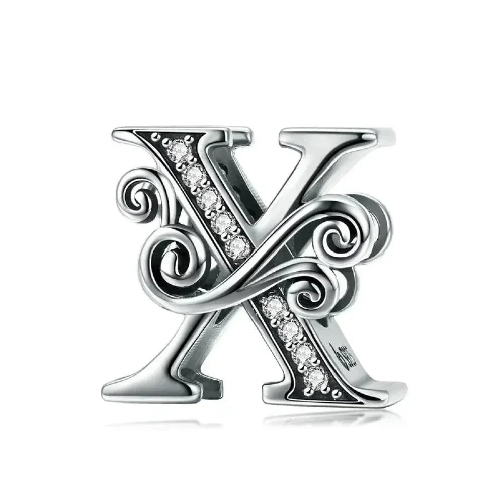 Chic 925 Sterling Silver CZ Alphabet Beads for Charm Bracelet - Vintage A to Z Letter Charms (BSC030) - X