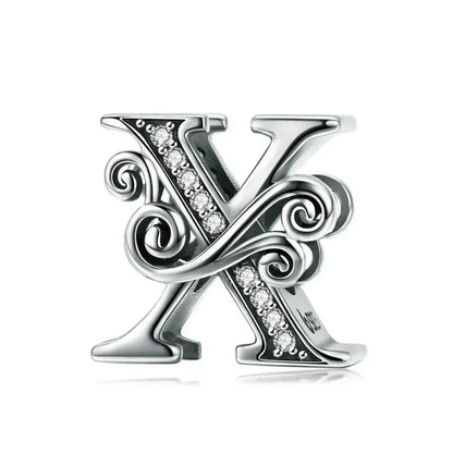 Chic 925 Sterling Silver CZ Alphabet Beads for Charm Bracelet - Vintage A to Z Letter Charms (BSC030) - X