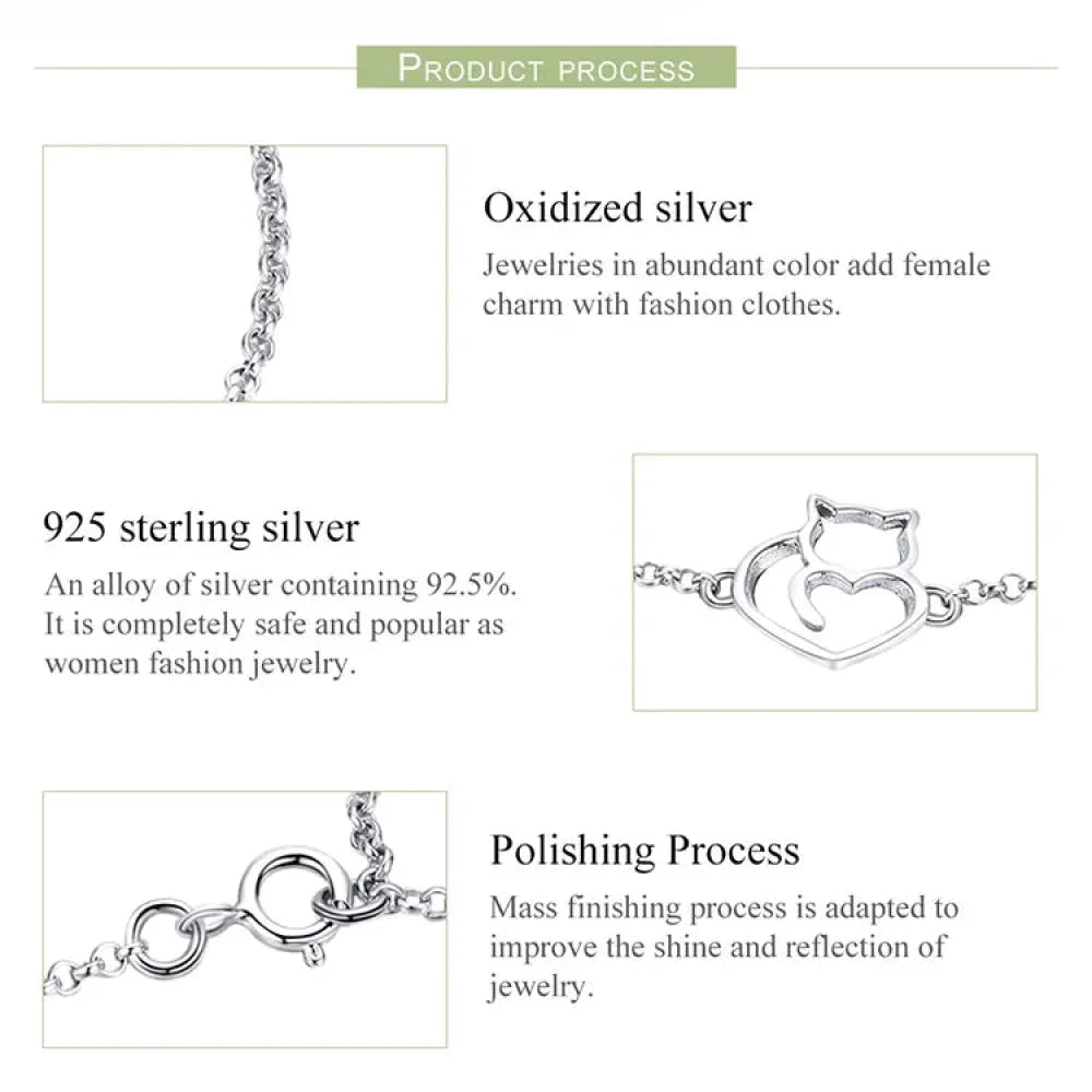 925 Sterling Silver Cat & Heart Link Chain Bracelets | Authentic jewellery Gift in 3 Colors