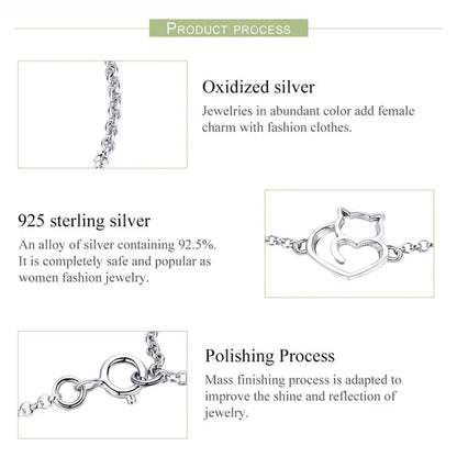 925 Sterling Silver Cat & Heart Link Chain Bracelets | Authentic jewellery Gift in 3 Colors
