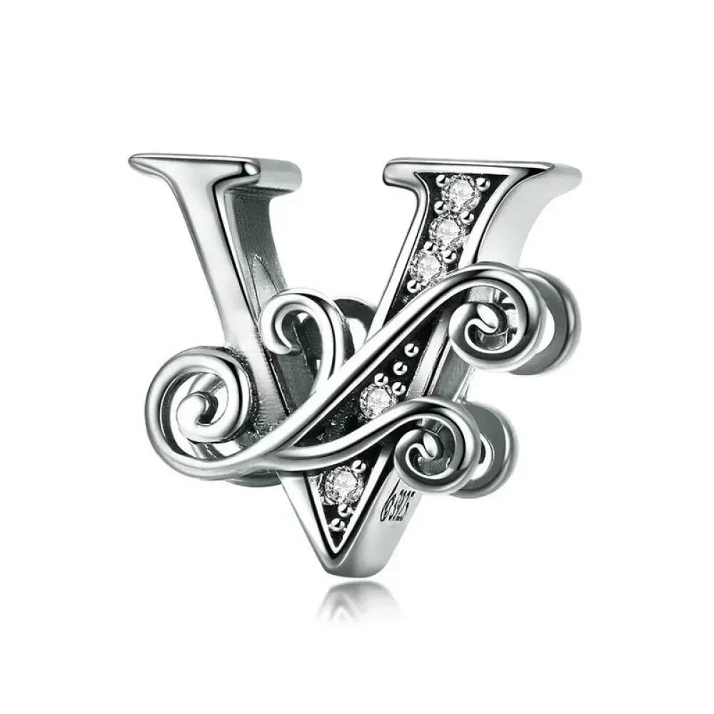 Chic 925 Sterling Silver CZ Alphabet Beads for Charm Bracelet - Vintage A to Z Letter Charms (BSC030) - V