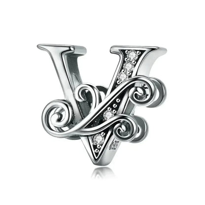 Chic 925 Sterling Silver CZ Alphabet Beads for Charm Bracelet - Vintage A to Z Letter Charms (BSC030) - V