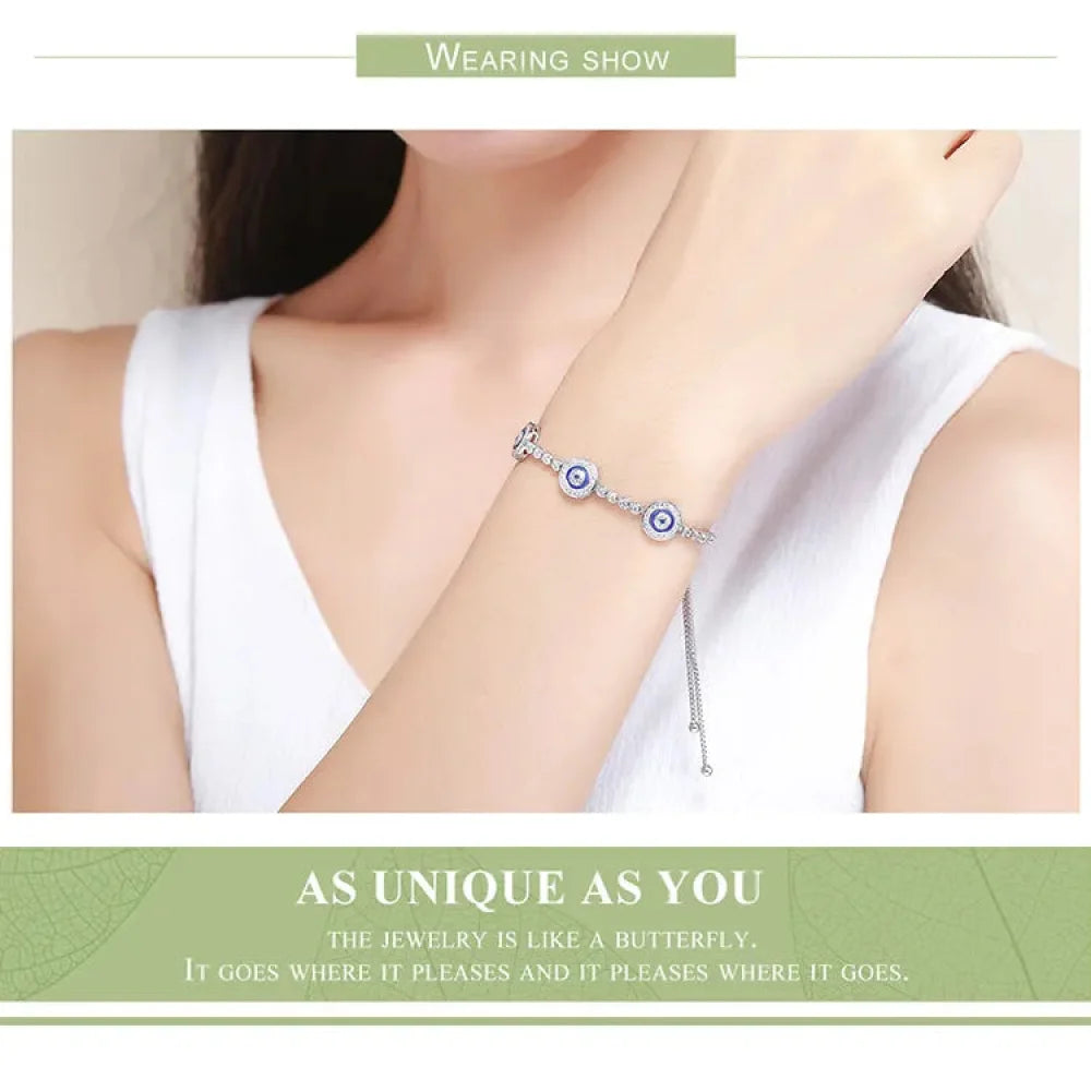 Genuine 925 Sterling Silver Luxury Evil Eye Tennis Bracelet - Blue Cubic Zircon Crystal Accent jewellery SCB002