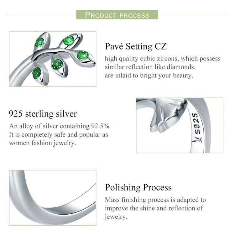 Springtime Elegance: Sterling Silver Tree Leaves & Bird Open Ring - Rings