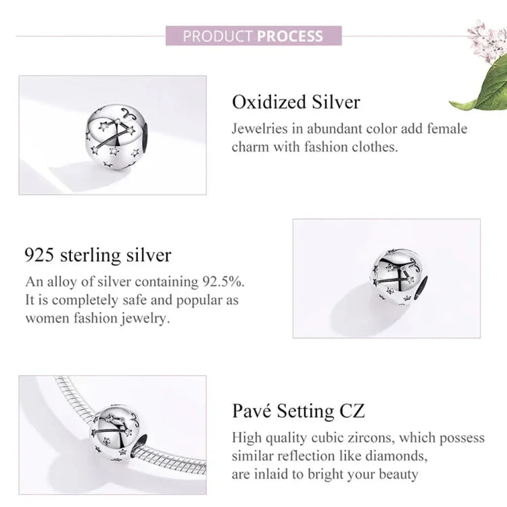 Vintage 925 Sterling Silver Twelve Constellations Star Sign Zodiac Beads Charms for DIY Bracelet Necklace
