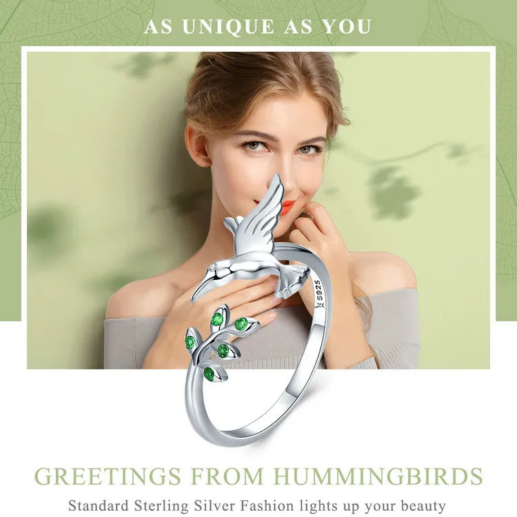 Springtime Elegance: Sterling Silver Tree Leaves & Bird Open Ring - Rings