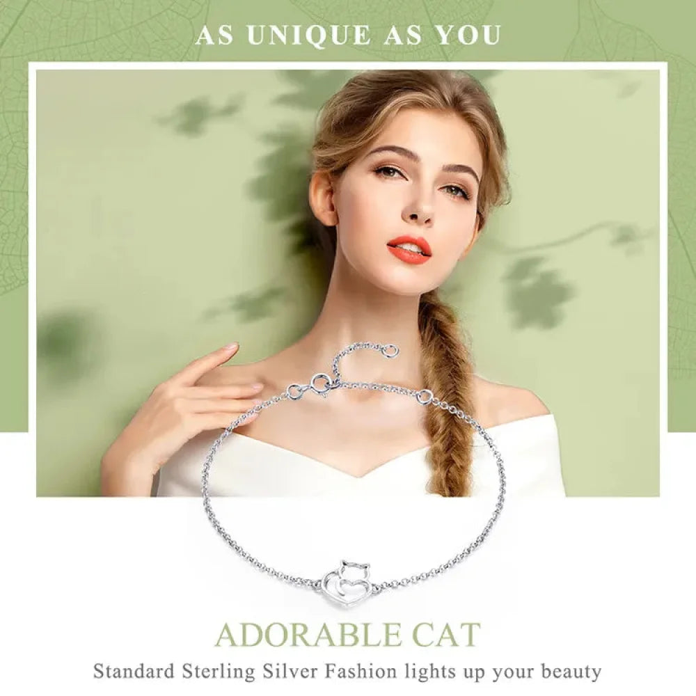 925 Sterling Silver Cat & Heart Link Chain Bracelets | Authentic jewellery Gift in 3 Colors