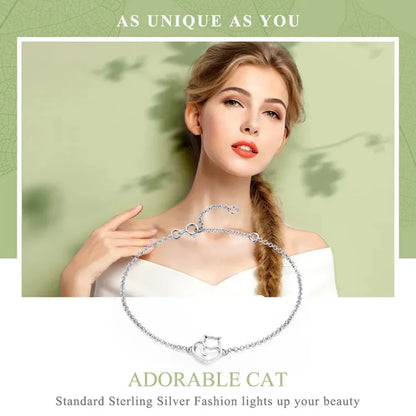 925 Sterling Silver Cat & Heart Link Chain Bracelets | Authentic jewellery Gift in 3 Colors