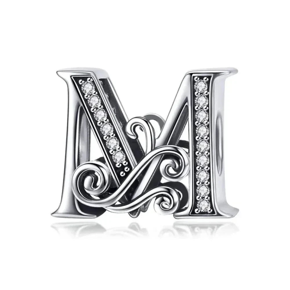 Chic 925 Sterling Silver CZ Alphabet Beads for Charm Bracelet - Vintage A to Z Letter Charms (BSC030) - M