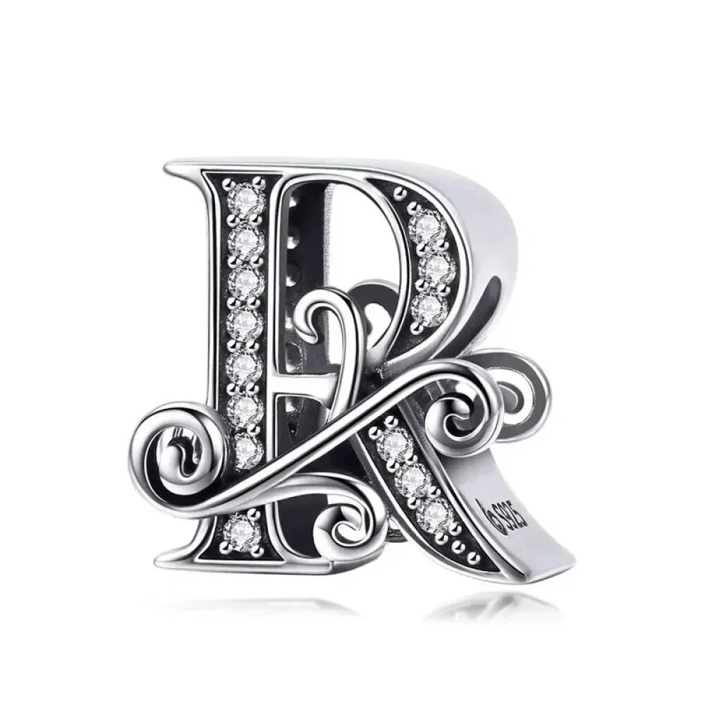Chic 925 Sterling Silver CZ Alphabet Beads for Charm Bracelet - Vintage A to Z Letter Charms (BSC030) - R