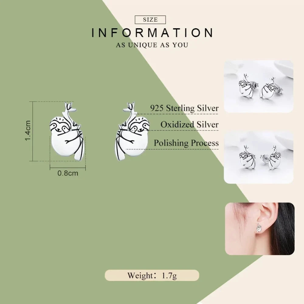 Adorable Sloth Stud Earrings in Sterling Silver - Cute Animal jewellery