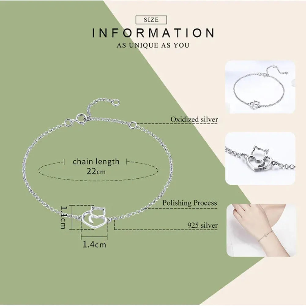 925 Sterling Silver Cat & Heart Link Chain Bracelets | Authentic jewellery Gift in 3 Colors