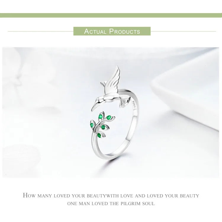 Springtime Elegance: Sterling Silver Tree Leaves & Bird Open Ring - Rings