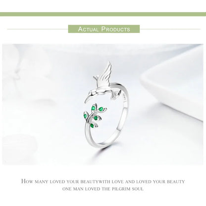 Springtime Elegance: Sterling Silver Tree Leaves & Bird Open Ring - Rings