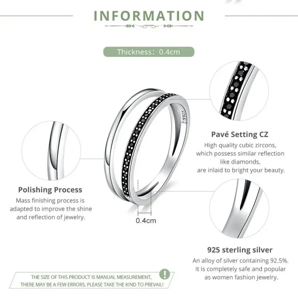 Breathtaking 925 Sterling Silver Double Circle Black Clear CZ Stackable Ring - Rings