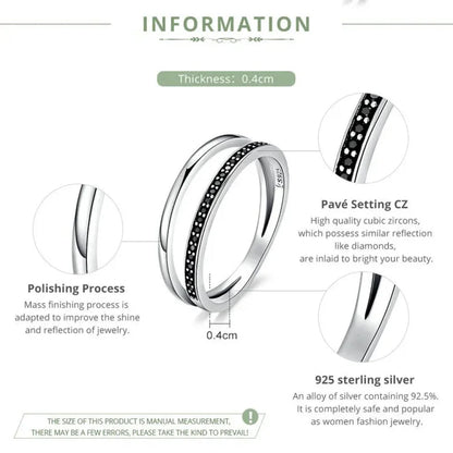 Breathtaking 925 Sterling Silver Double Circle Black Clear CZ Stackable Ring - Rings