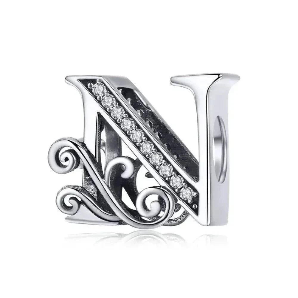 Chic 925 Sterling Silver CZ Alphabet Beads for Charm Bracelet - Vintage A to Z Letter Charms (BSC030) - N