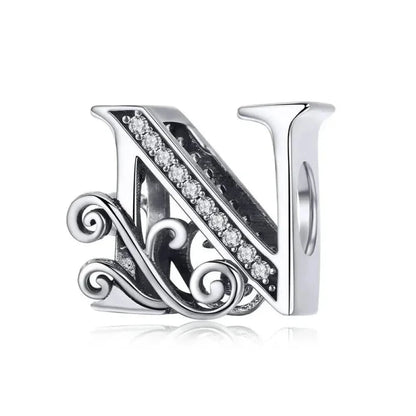 Chic 925 Sterling Silver CZ Alphabet Beads for Charm Bracelet - Vintage A to Z Letter Charms (BSC030) - N