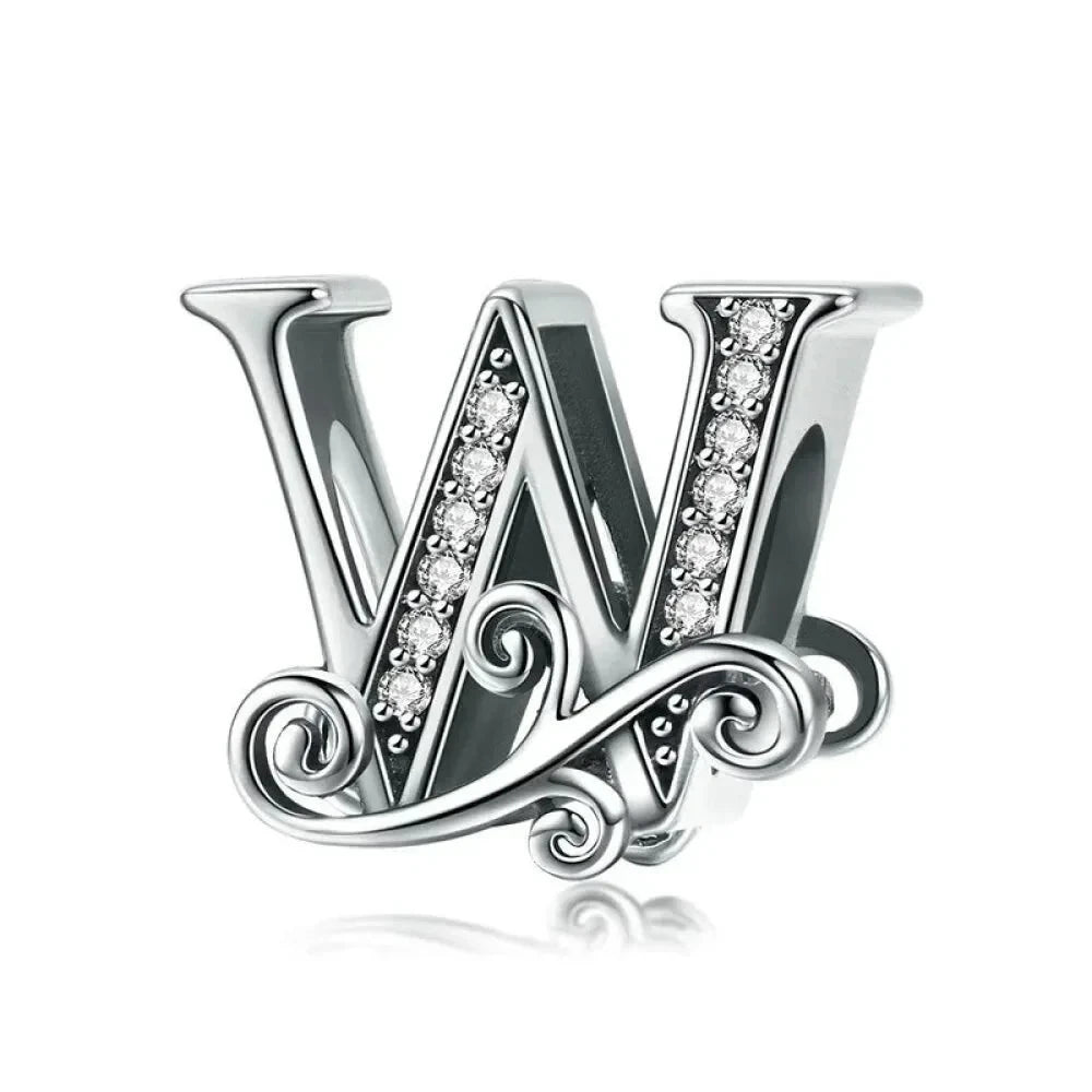 Chic 925 Sterling Silver CZ Alphabet Beads for Charm Bracelet - Vintage A to Z Letter Charms (BSC030) - W