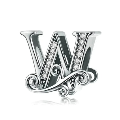 Chic 925 Sterling Silver CZ Alphabet Beads for Charm Bracelet - Vintage A to Z Letter Charms (BSC030) - W