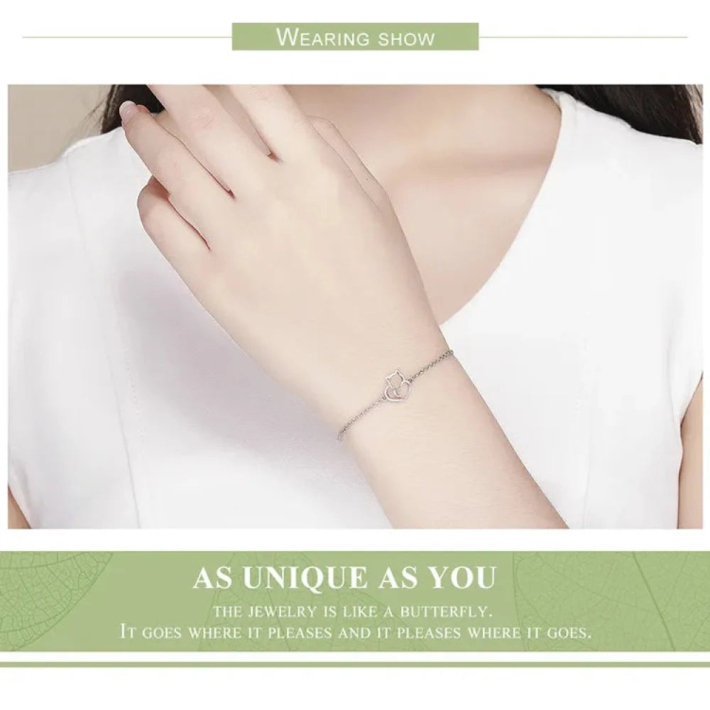 925 Sterling Silver Cat & Heart Link Chain Bracelets | Authentic jewellery Gift in 3 Colors