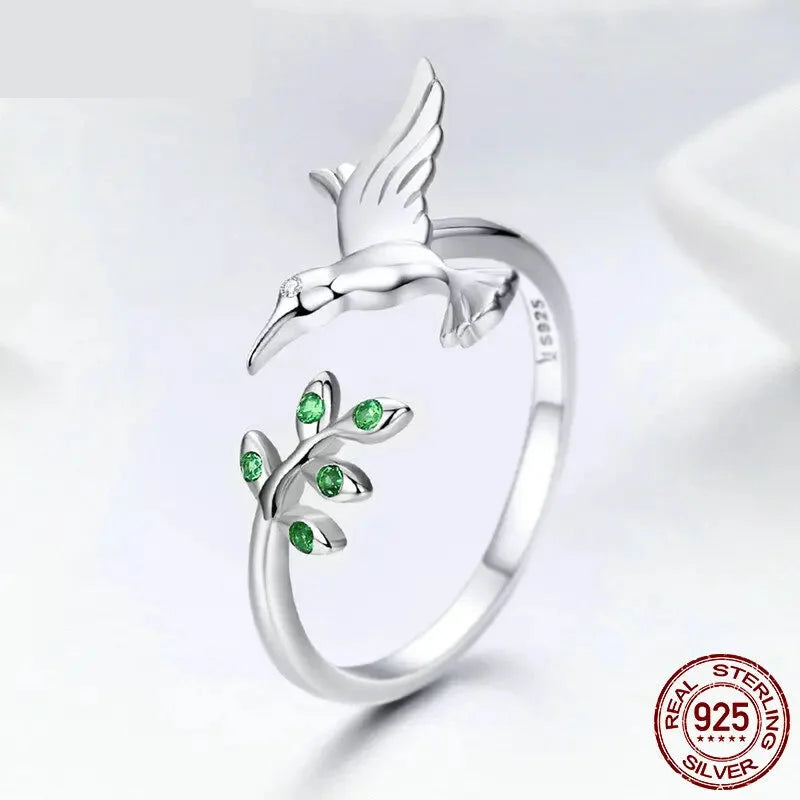 Springtime Elegance: Sterling Silver Tree Leaves & Bird Open Ring - Rings