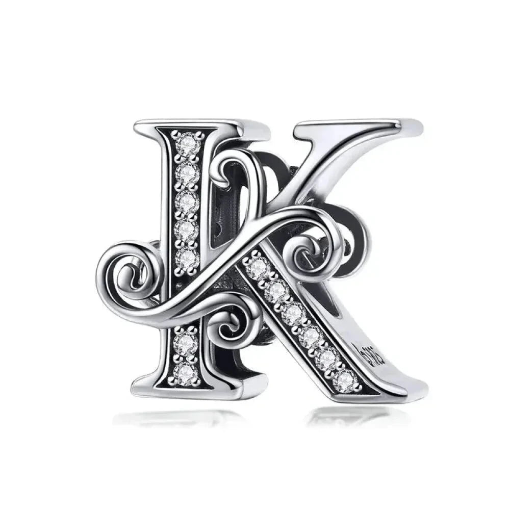 Chic 925 Sterling Silver CZ Alphabet Beads for Charm Bracelet - Vintage A to Z Letter Charms (BSC030) - K