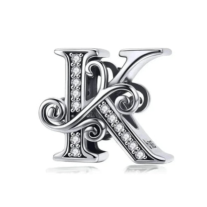 Chic 925 Sterling Silver CZ Alphabet Beads for Charm Bracelet - Vintage A to Z Letter Charms (BSC030) - K