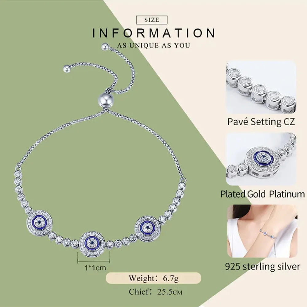 Genuine 925 Sterling Silver Luxury Evil Eye Tennis Bracelet - Blue Cubic Zircon Crystal Accent jewellery SCB002