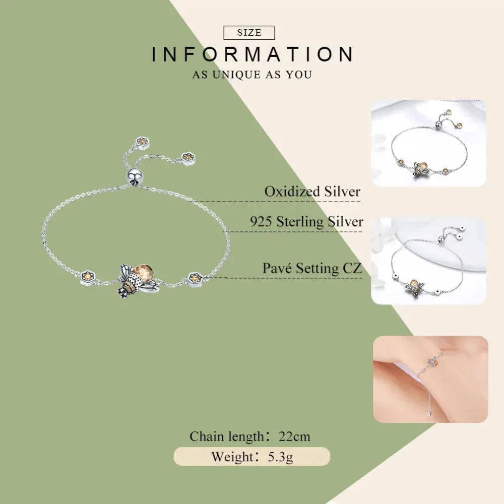 Sterling Silver Dancing Bee Bracelet with Crystal - Women’s Chain Link - Bracelets