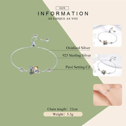 Sterling Silver Dancing Bee Bracelet with Crystal - Women’s Chain Link - Bracelets