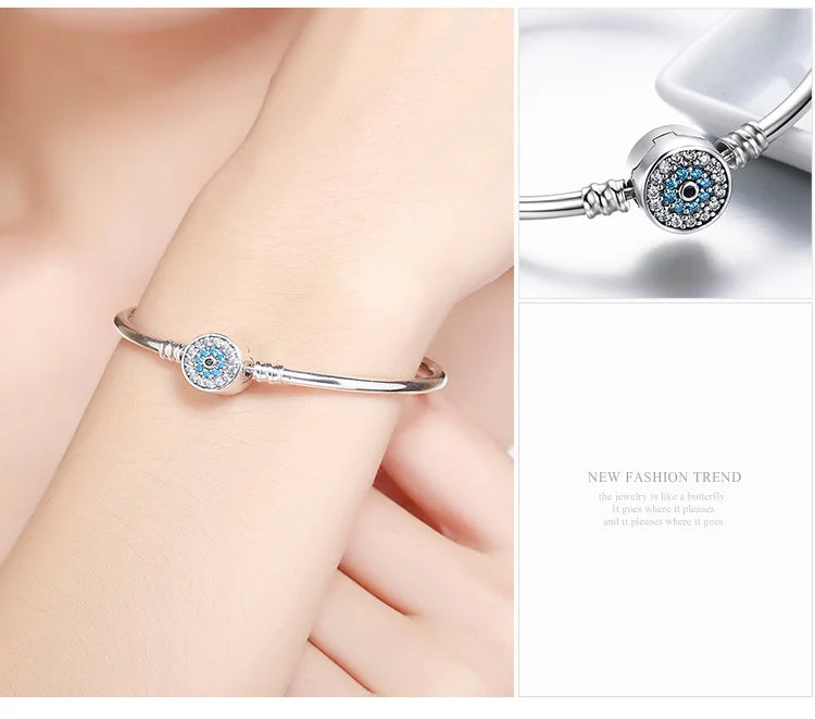 Protective Blue Evil Eye Sterling Silver Bracelet Bangle - Bracelets