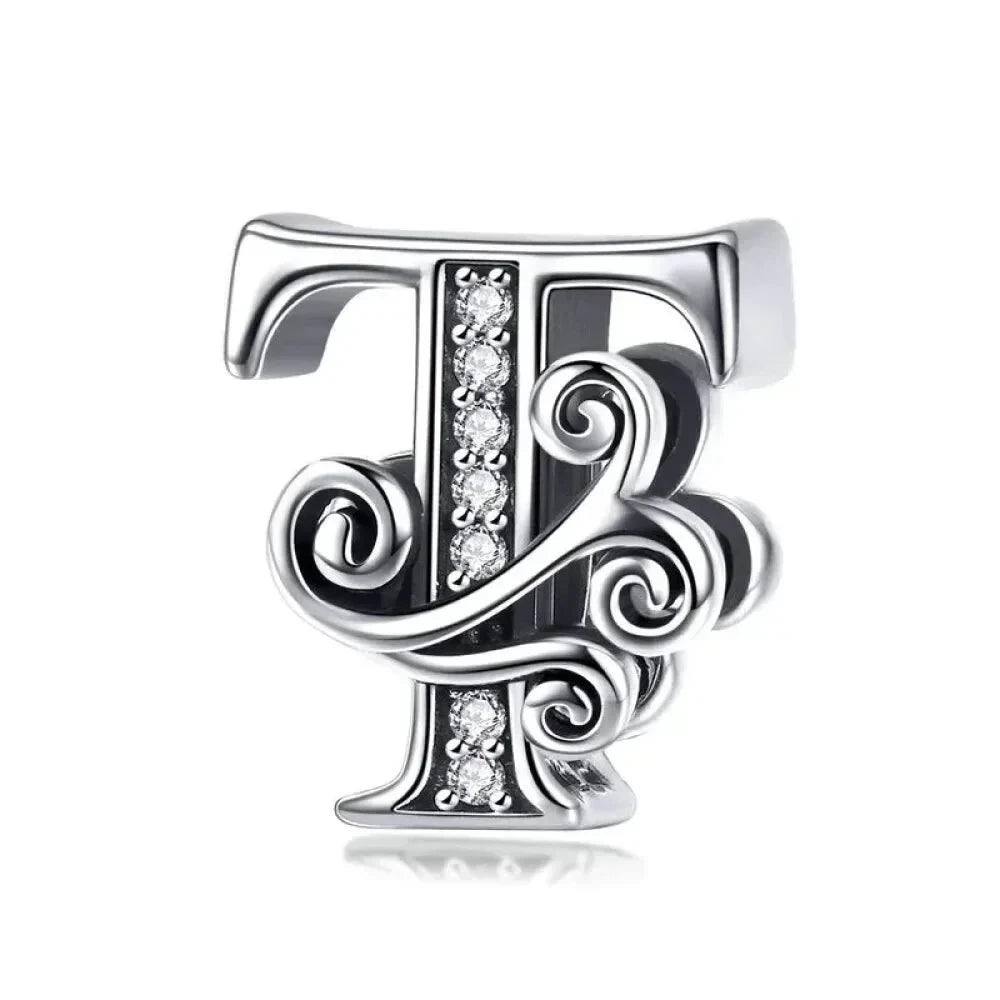 Chic 925 Sterling Silver CZ Alphabet Beads for Charm Bracelet - Vintage A to Z Letter Charms (BSC030) - T