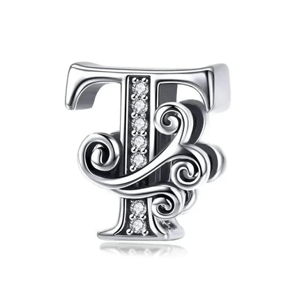 Chic 925 Sterling Silver CZ Alphabet Beads for Charm Bracelet - Vintage A to Z Letter Charms (BSC030) - T