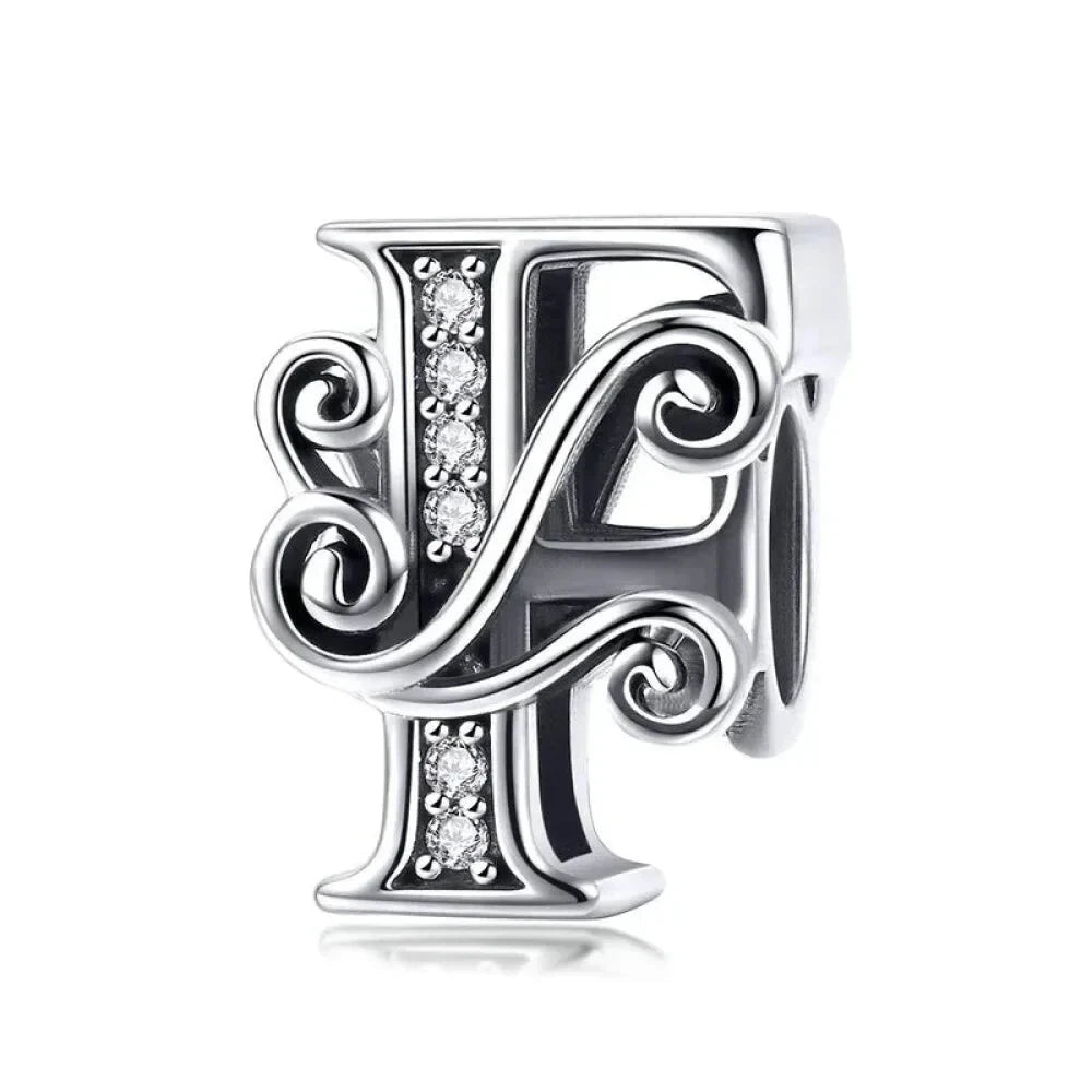 Chic 925 Sterling Silver CZ Alphabet Beads for Charm Bracelet - Vintage A to Z Letter Charms (BSC030) - F