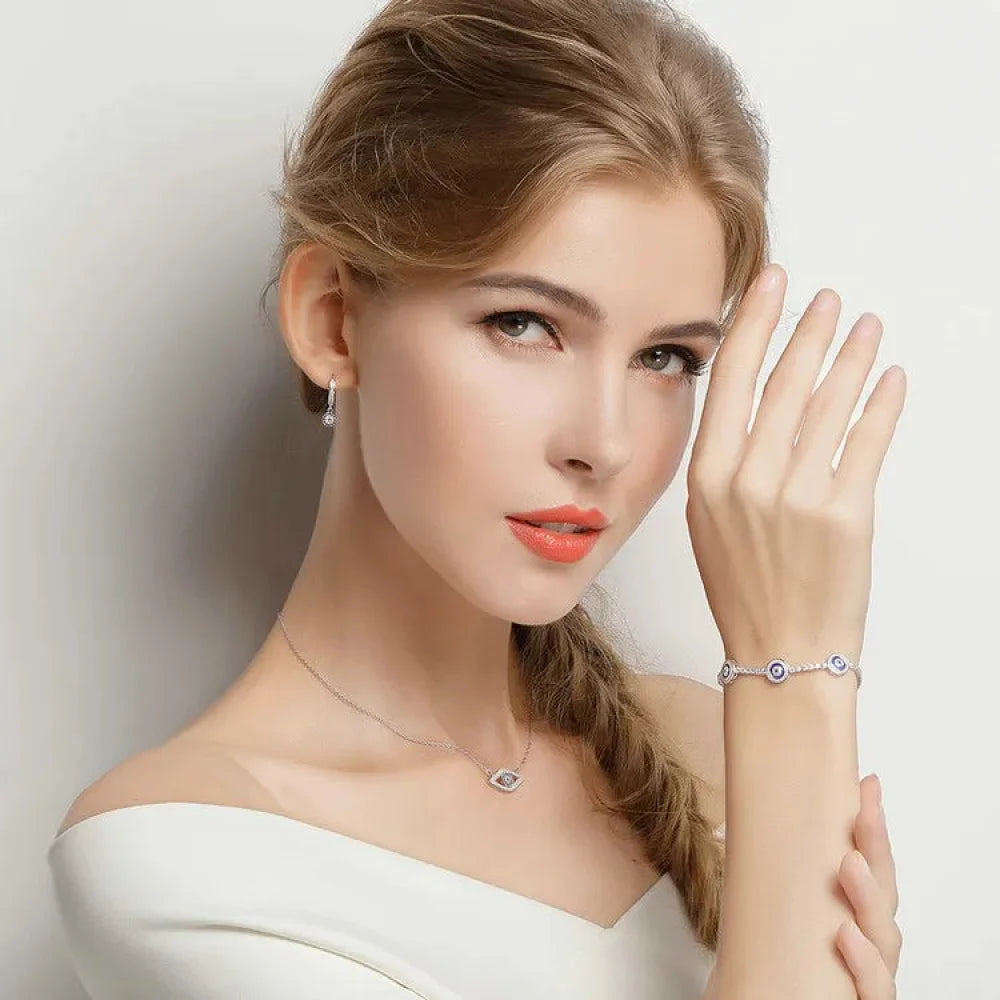 Genuine 925 Sterling Silver Luxury Evil Eye Tennis Bracelet - Blue Cubic Zircon Crystal Accent jewellery SCB002