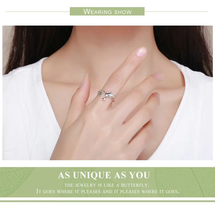 Springtime Elegance: Sterling Silver Tree Leaves & Bird Open Ring - Rings