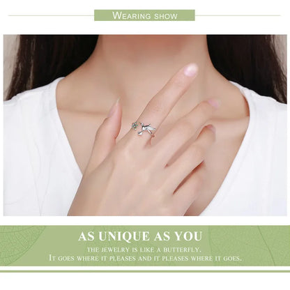 Springtime Elegance: Sterling Silver Tree Leaves & Bird Open Ring - Rings