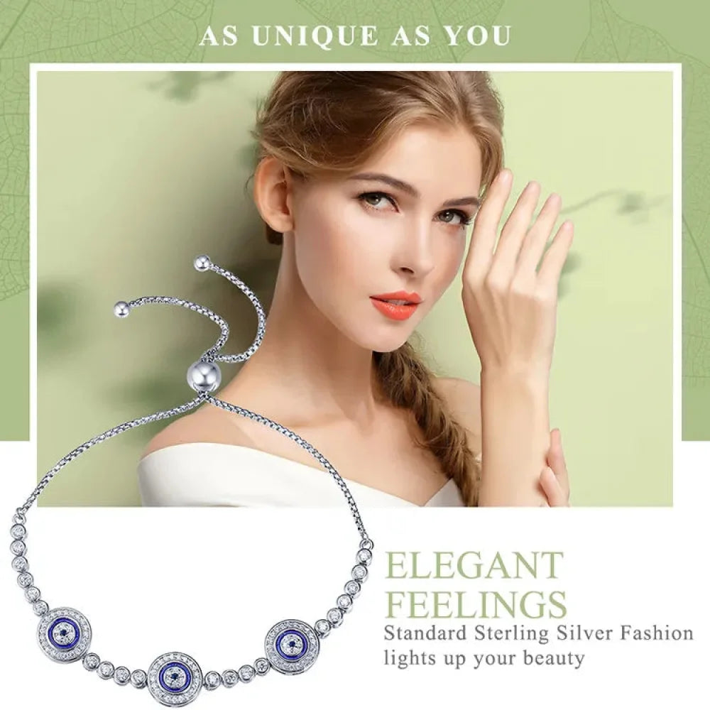 Genuine 925 Sterling Silver Luxury Evil Eye Tennis Bracelet - Blue Cubic Zircon Crystal Accent jewellery SCB002