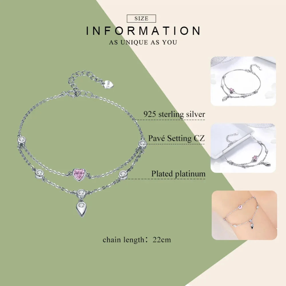 Double Layered Sterling Silver Bracelet with Pink CZ Hearts - Sweet and Stylish - Bracelets