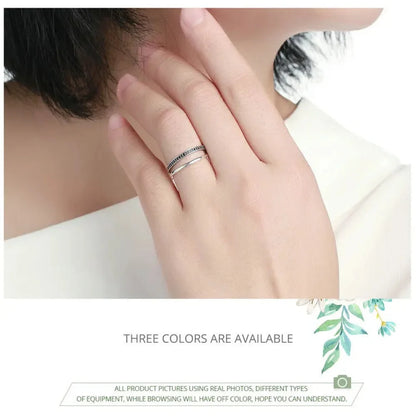 Breathtaking 925 Sterling Silver Double Circle Black Clear CZ Stackable Ring - Rings
