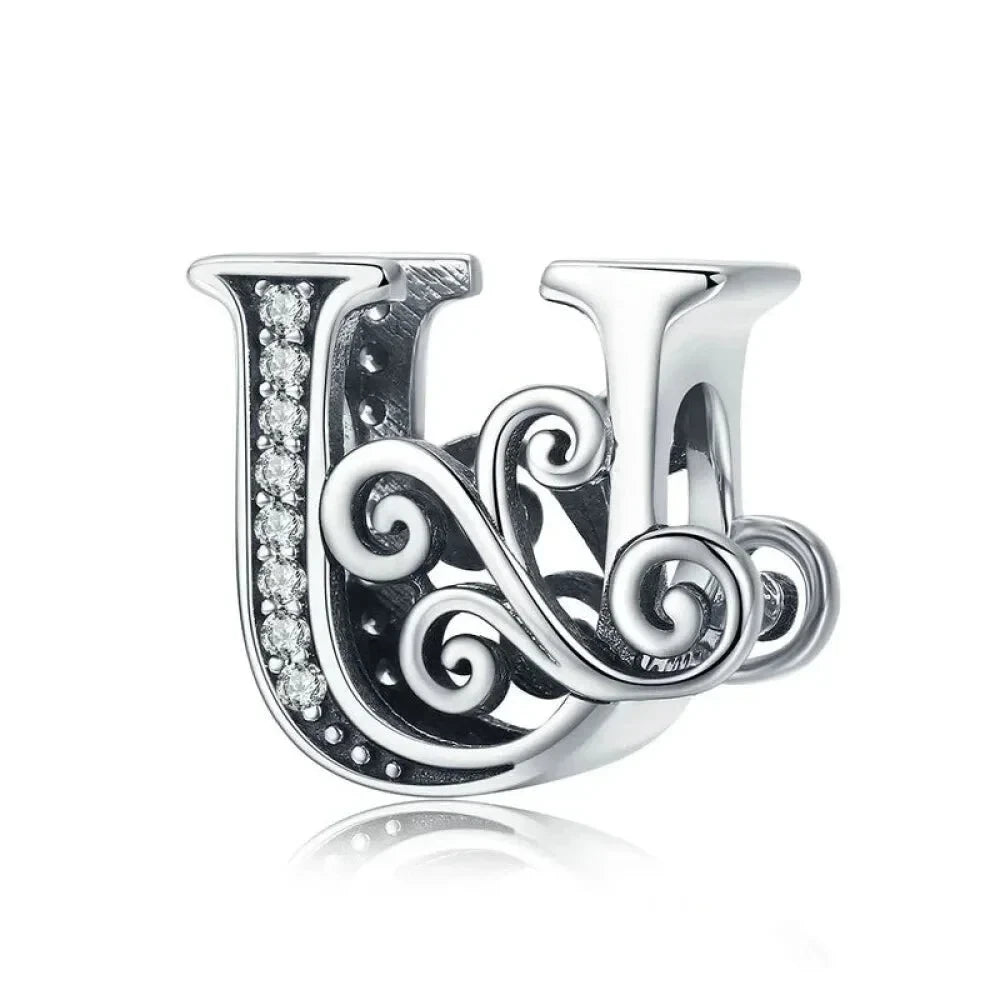 Chic 925 Sterling Silver CZ Alphabet Beads for Charm Bracelet - Vintage A to Z Letter Charms (BSC030) - U