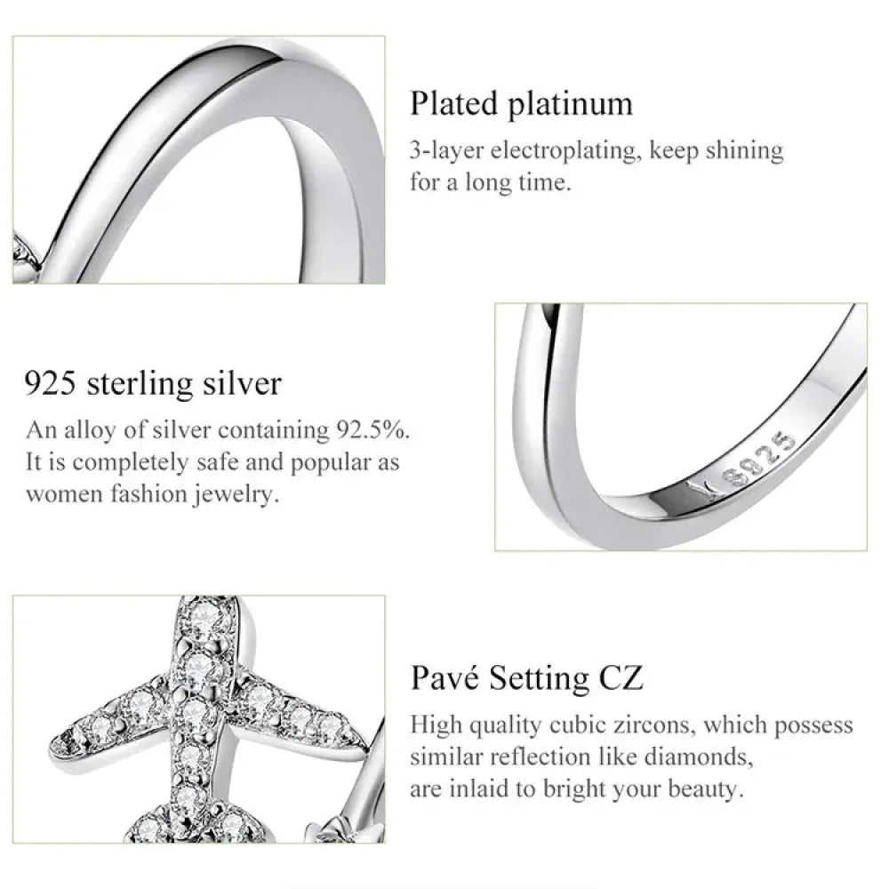 Genuine 925 Sterling Silver Flying Plane Open Adjustable Ring with Clear CZ - Fine jewellery - Rings